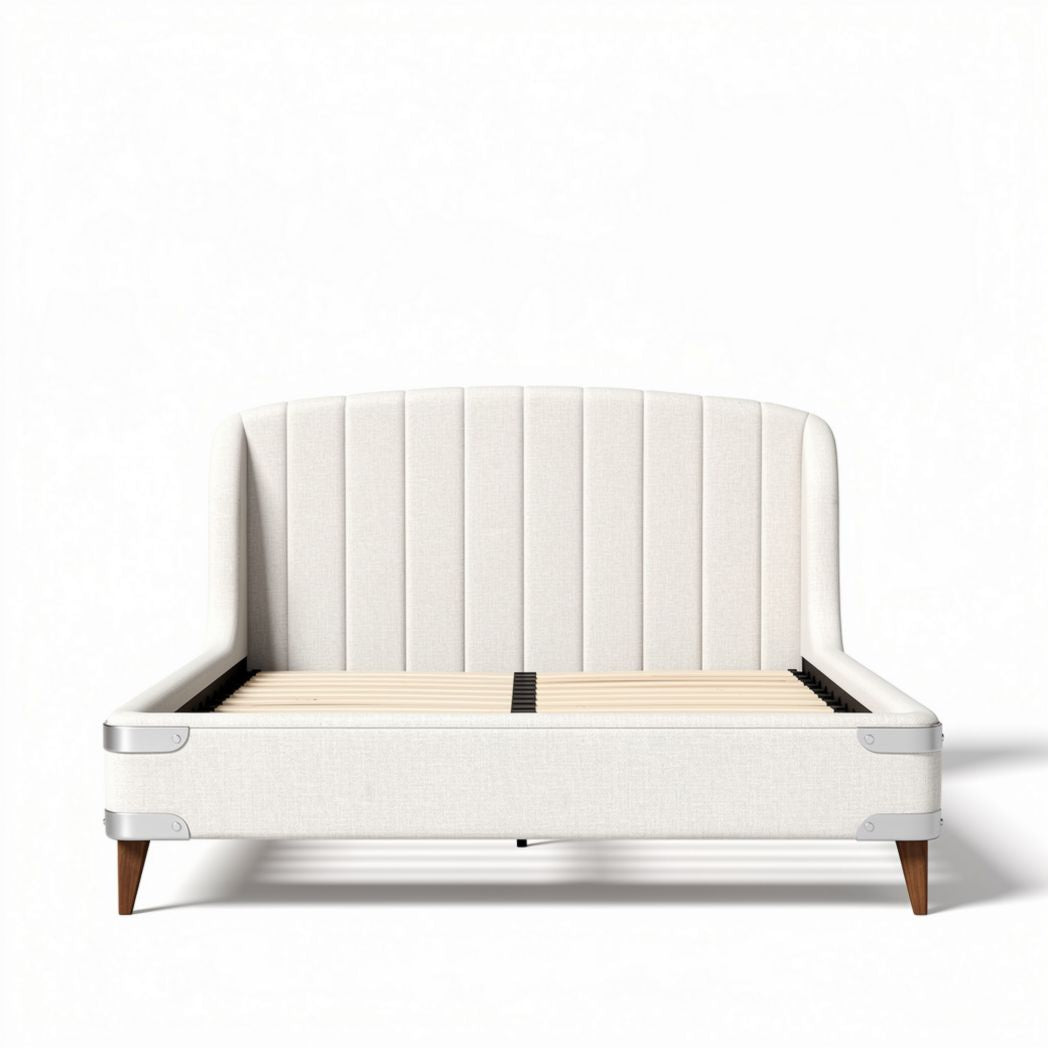 Cama estofada moderna com estrutura de madeira e tecido cinza claro 200 x 150 x 100cm