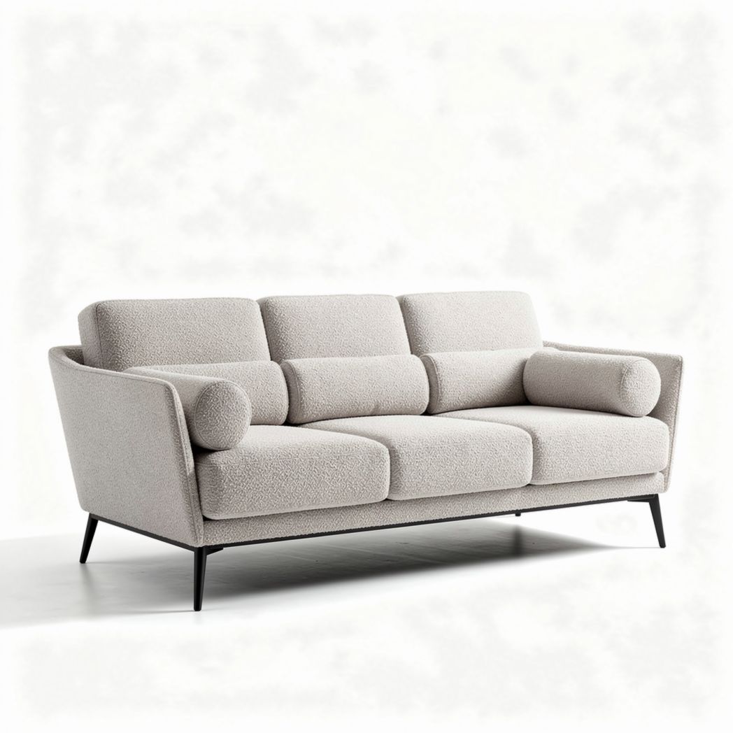 Sofá moderno de tecido cinza claro 210 x 85 x 75cm com design minimalista