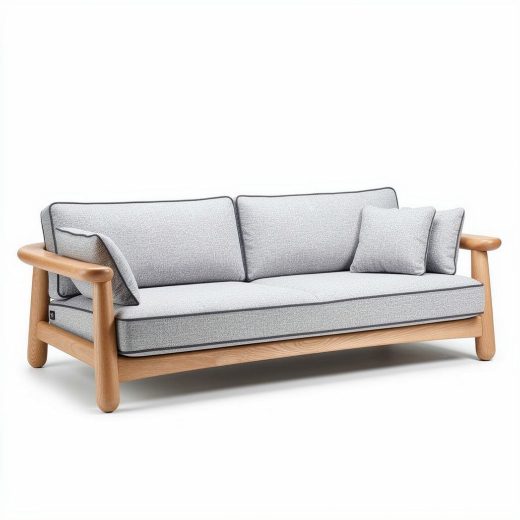 Sofá de madeira em tom claro com estofado cinza e almofadas 200 x 90 x 80cm