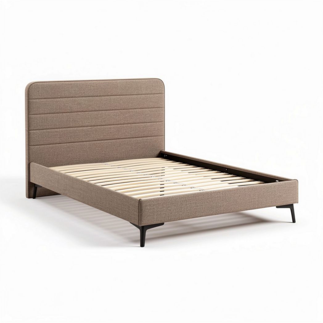 Cama de casal com estrutura de madeira e estofado em tecido cinza 200 x 160 x 100cm
