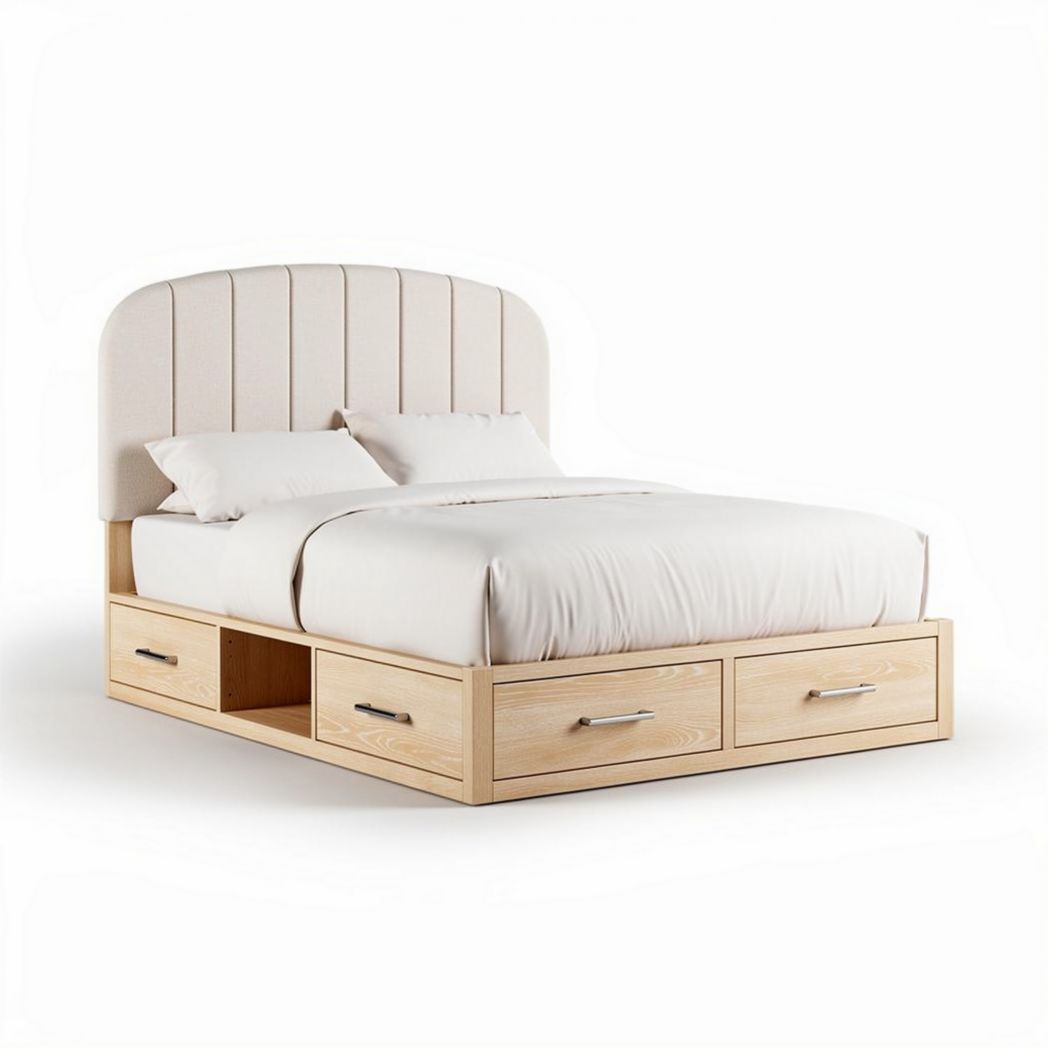 Cama de casal com cabeceira estofada e gavetas em madeira clara 200 x 160 x 100cm
